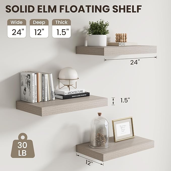 Dreamland Floating Shelves 24inch, 2 Pack Rustic Wooden Wall Shelves, Wall