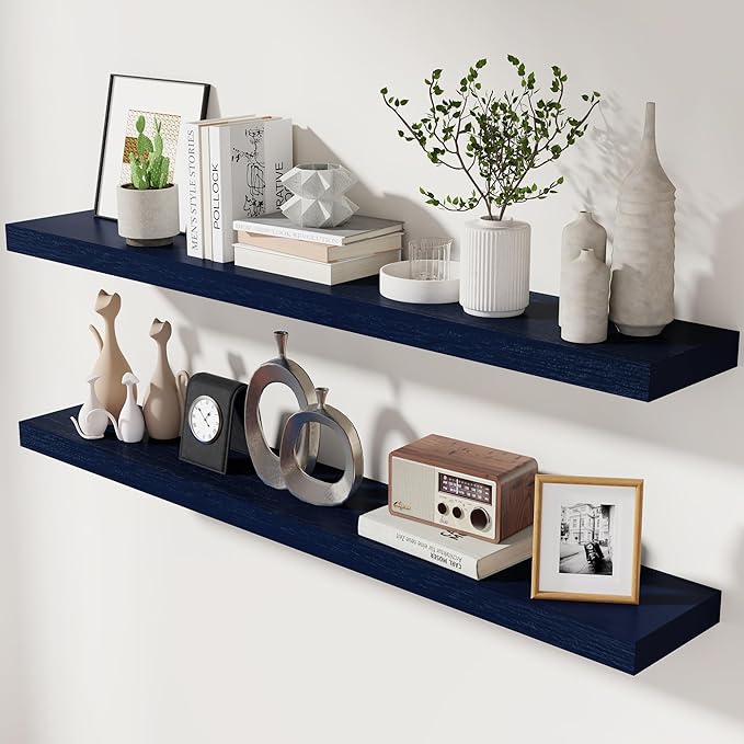 fuqing Dark Blue Floating Shelves 48 Inch, Solid Wooden Wall Shelves Set of 2