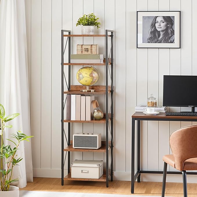 HOOBRO Bookshelf, 6-Tier Industrial Bookcase, Book Shelf Storage Organizer