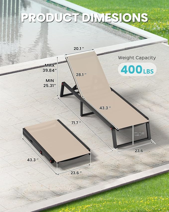 Aluminum Chaise Lounge Chair Outdoor, Foldable& No Assembly Patio Pool Lounge