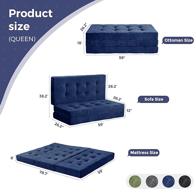 MAXYOYO 6" Folding Sofa Bed for Floor, Tufted Tri-Fold Floor Mattress