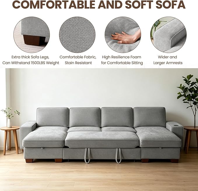 129" Convertible Sleeper Sofa Bed, L Shaped