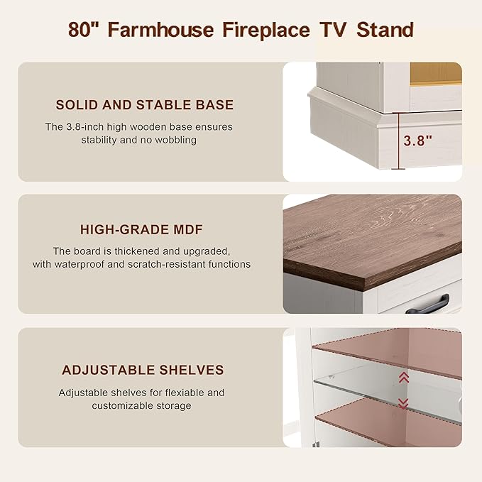 MXV 80" Fireplace TV Stand, 3-Sided Glass Fireplace and Modern Entertainment