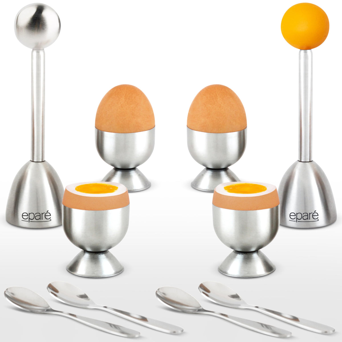 Epare Egg Cracker Topper Set & Steel Egg Cracker Topper Set - Complete Soft Boiled Egg Tool Set - Includes Egg Cups Cutter & Spoons - Holder Cup Spoon & Peeler - Easy Eggs Opener