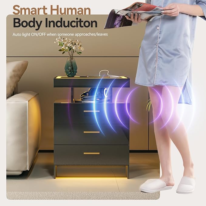 Black Night Stand Set 2 with Wireless Charging Station, Smart Bedside Table
