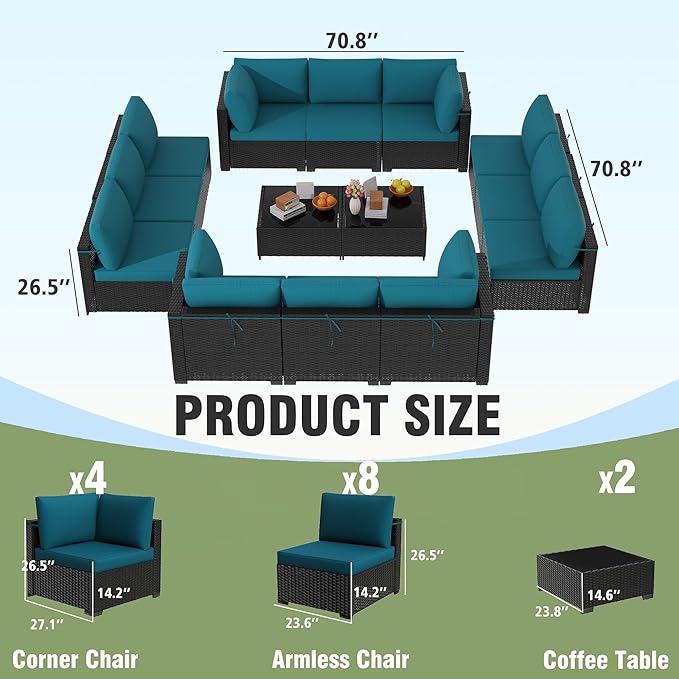 KIGOTY Patio Furniture Set, 14 Pieces Modular Outdoor Sectional Sofa, PE Rattan
