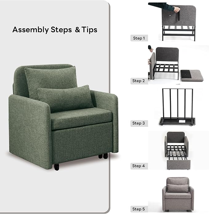 Iroomy 5-Level Adjustable Convertible Sleeper Chair, 3-in-1 Pull Out Sofa Bed