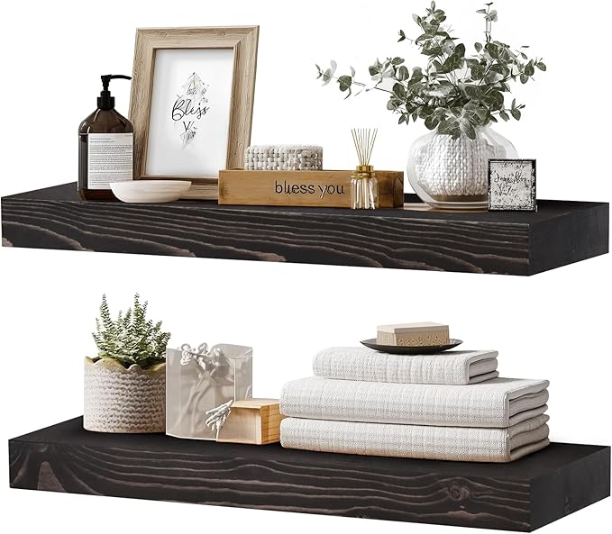 24x8x1.6 inch Floating Shelves Set of 2 – Solid Wood Rustic Black Wall Mounted