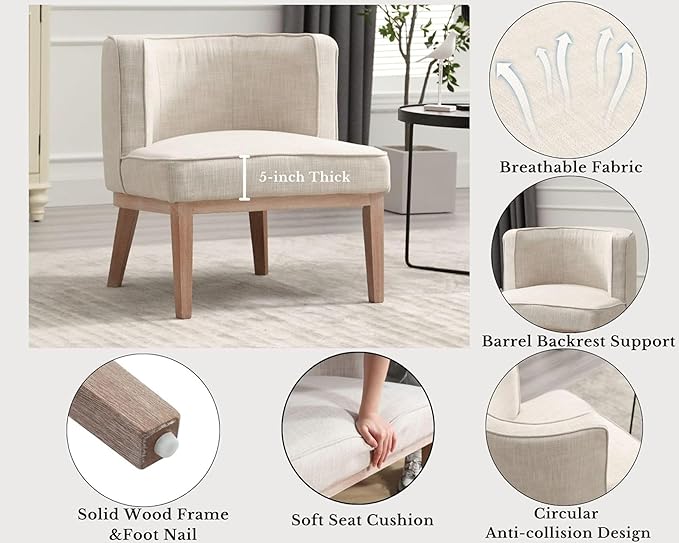 Beige Barrel Chair with Solid Wood Frame, Small Round Accent Chair, Comfy Linen