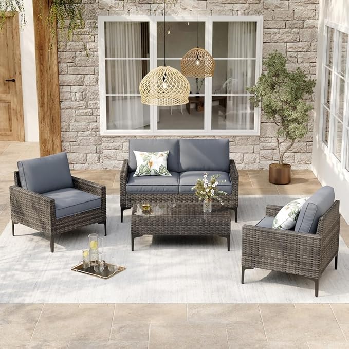 JOYURE 4-Piece Patio Furniture Set, Outdoor Wicker Patio Conversation Set