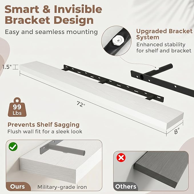 FLYJOE Floating Shelves for Wall, 72 Inch Floating Shelves Set of 2, Kitchen