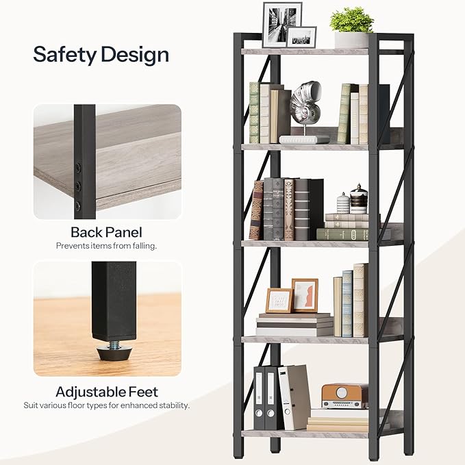 HOOBRO Bookshelf, 5-Tier Industrial Bookcase, Book Shelf Storage Organizer