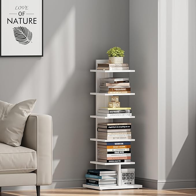 TUTOTAK Narrow Bookshelf, 6-Tier Bookcase, Spine Book Shelf