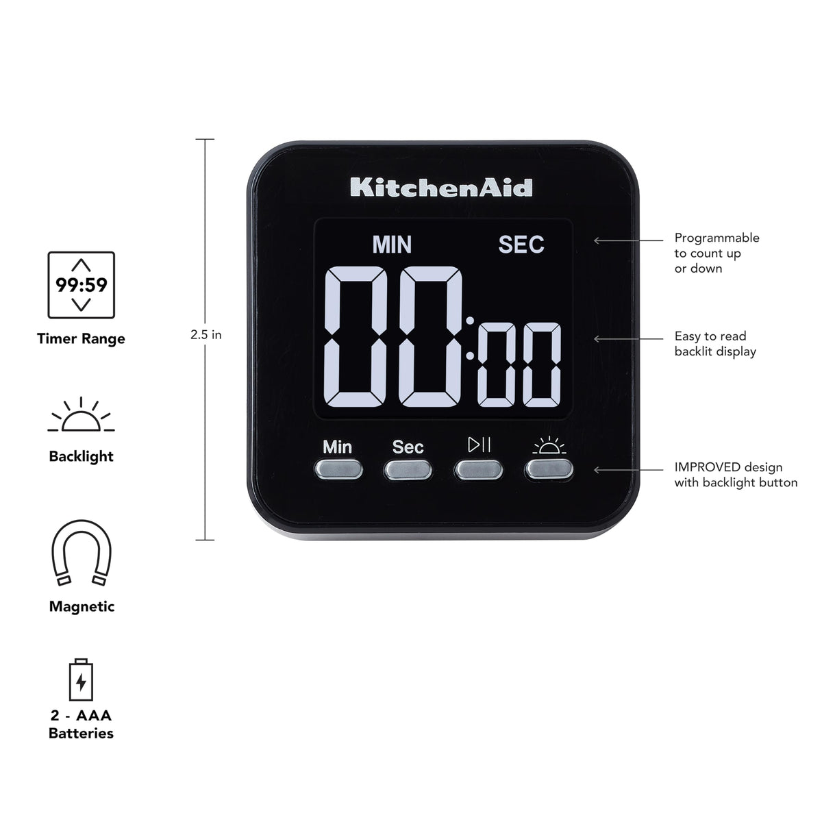 KitchenAid KQ912 99M Digital Single Event Magnetic Visual Timer with Backlight, Cooking, Classroom, Egg Timer, Black