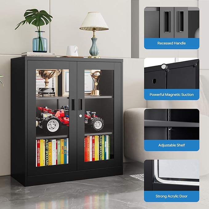 PEUKC Display Cabinet with Acrylic Doors, 35.4 Inches Metal Curio Storage