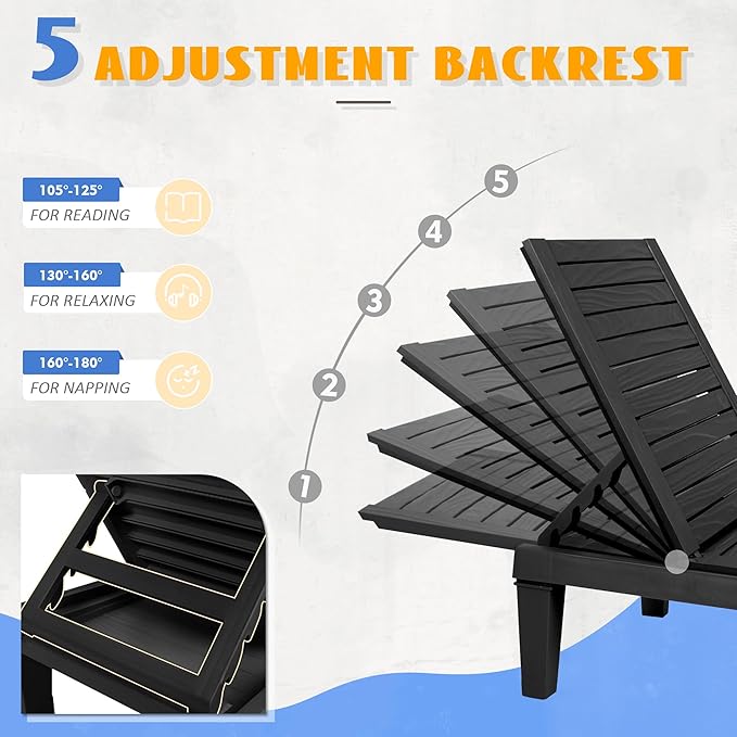 Outdoor Lounge Chairs Set of 2, 5-Position Adjustable Tanning Chairs