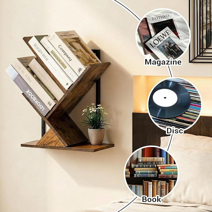 3-Tier Tree Book Shelves for Wall, Small Wall Mounted Shelves, Unique Hanging