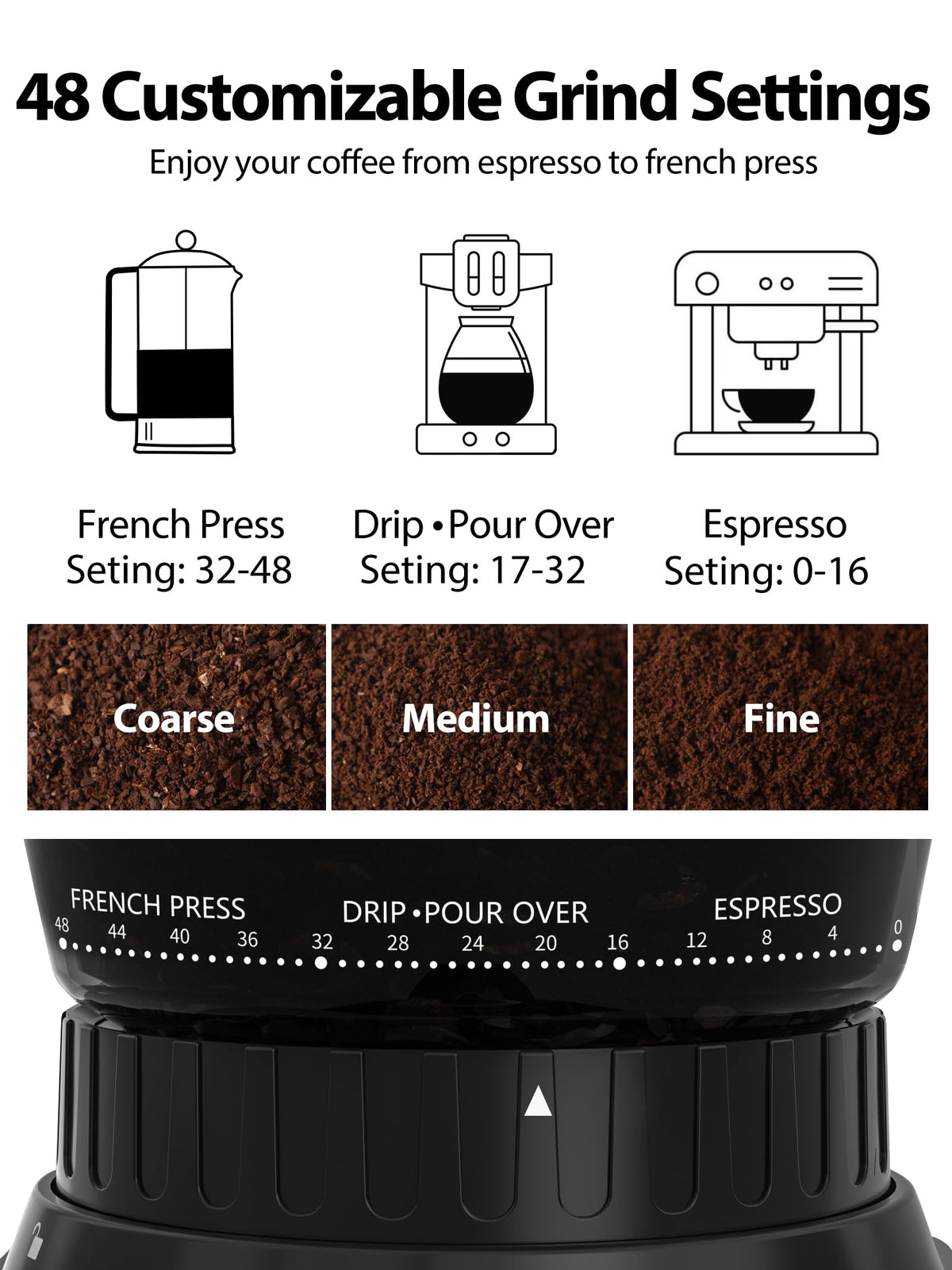 Aromaster Burr Coffee Grinder with 48 Gind Settings, Conical Coffee Bean Grinder for Home Use,Stainless Steel,40 Seconds Adjustable Timer,Anti-static,Easy to Clean with Brush