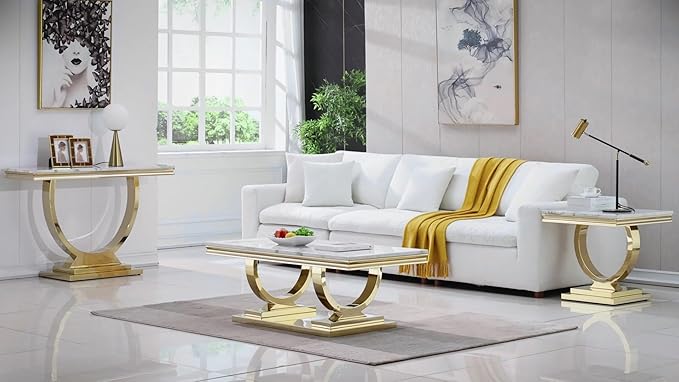 Henf 47" Marble Coffee Table Modern White Faux Marble Center Table