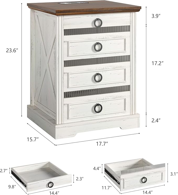 Farmhouse Night Stand with Gun Drawer, Bedside Table with Charger Station