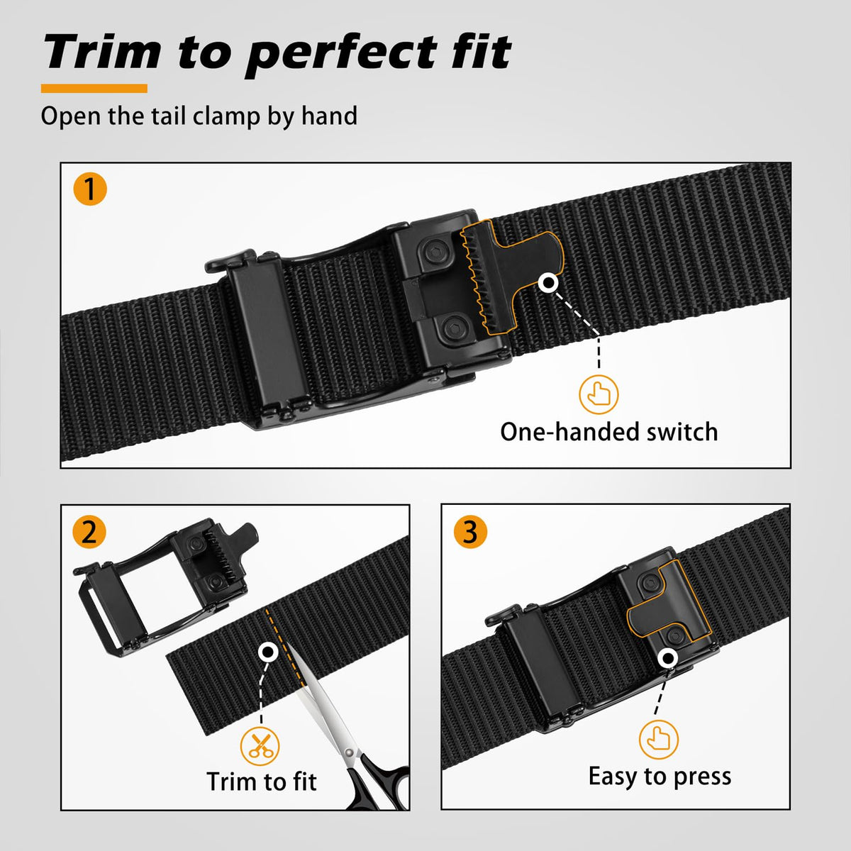 JUKMO Men's Ratchet Tactical Belt, 1.5" Nylon Web Work Belt with Automatic Slide Buckle, Adjustable Trim to Fit (Black, Large)