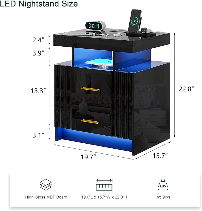 Nightstand with Wireless Charging Station, Bedroom Bedside Table with RGB Lights
