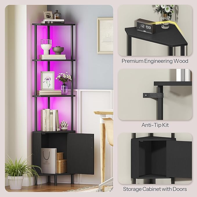 HOOBRO Corner Cabinet with LED Light, Corner Shelf Stand with Storage and Doors