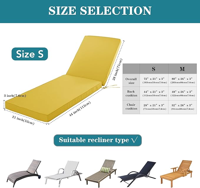 Chaise Lounge Cushion for Outdoor Furniture, Waterproof Fade and Tear Resistant