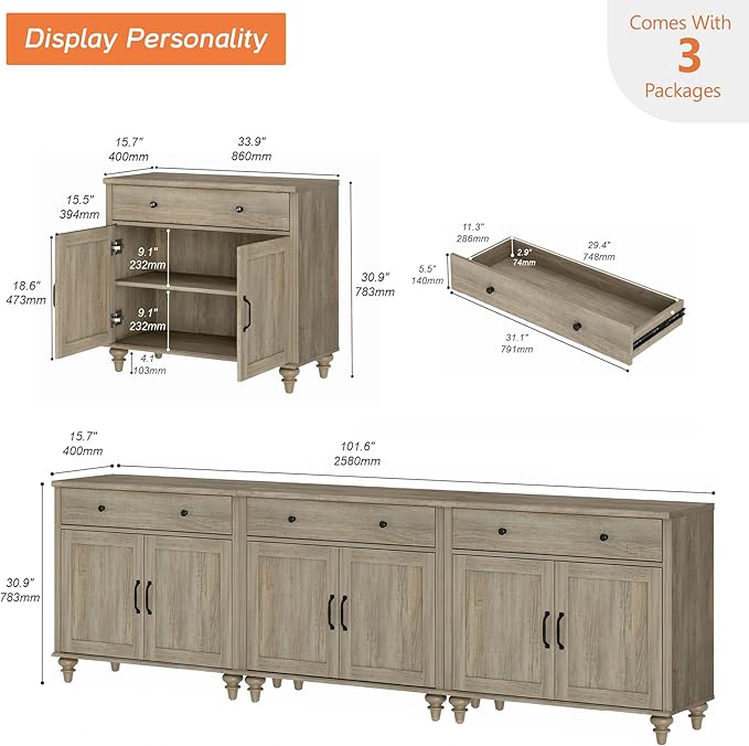 WAMPAT Farmhouse TV Stand for 100 Inch TV, 3-in-1 TV Console Table for