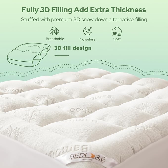 BEDLORE Queen Mattress Topper Viscose Derived from Bamboo, Thick Pillow Top