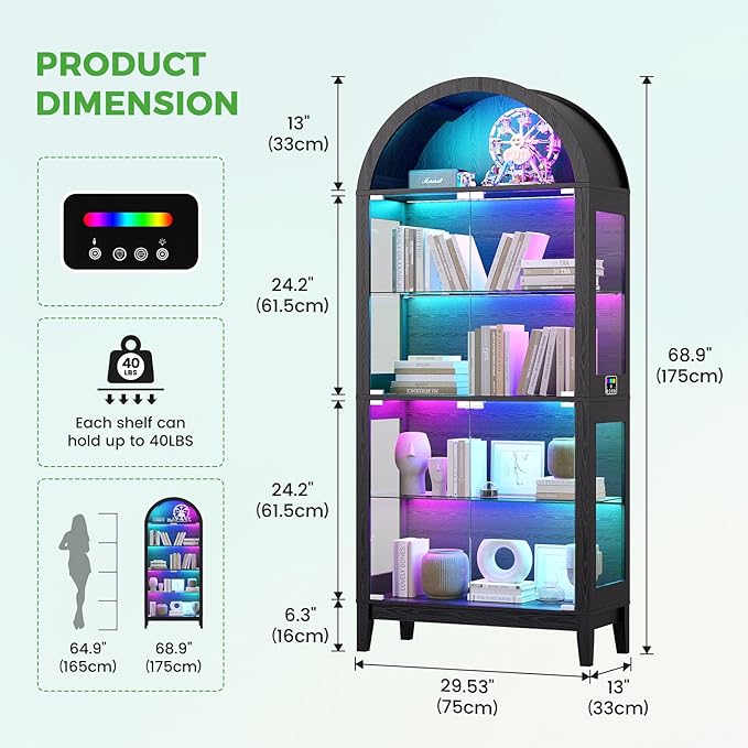 HNEBC 69" Display Case with RGB Lights, Arched 5-Tier Tempered Glass Display