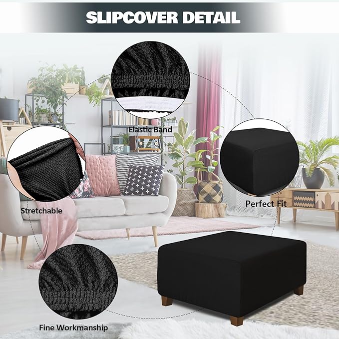 NeColorLife Square Ottoman Cover Jacquard Fabric Slipcover Thick Stretchable