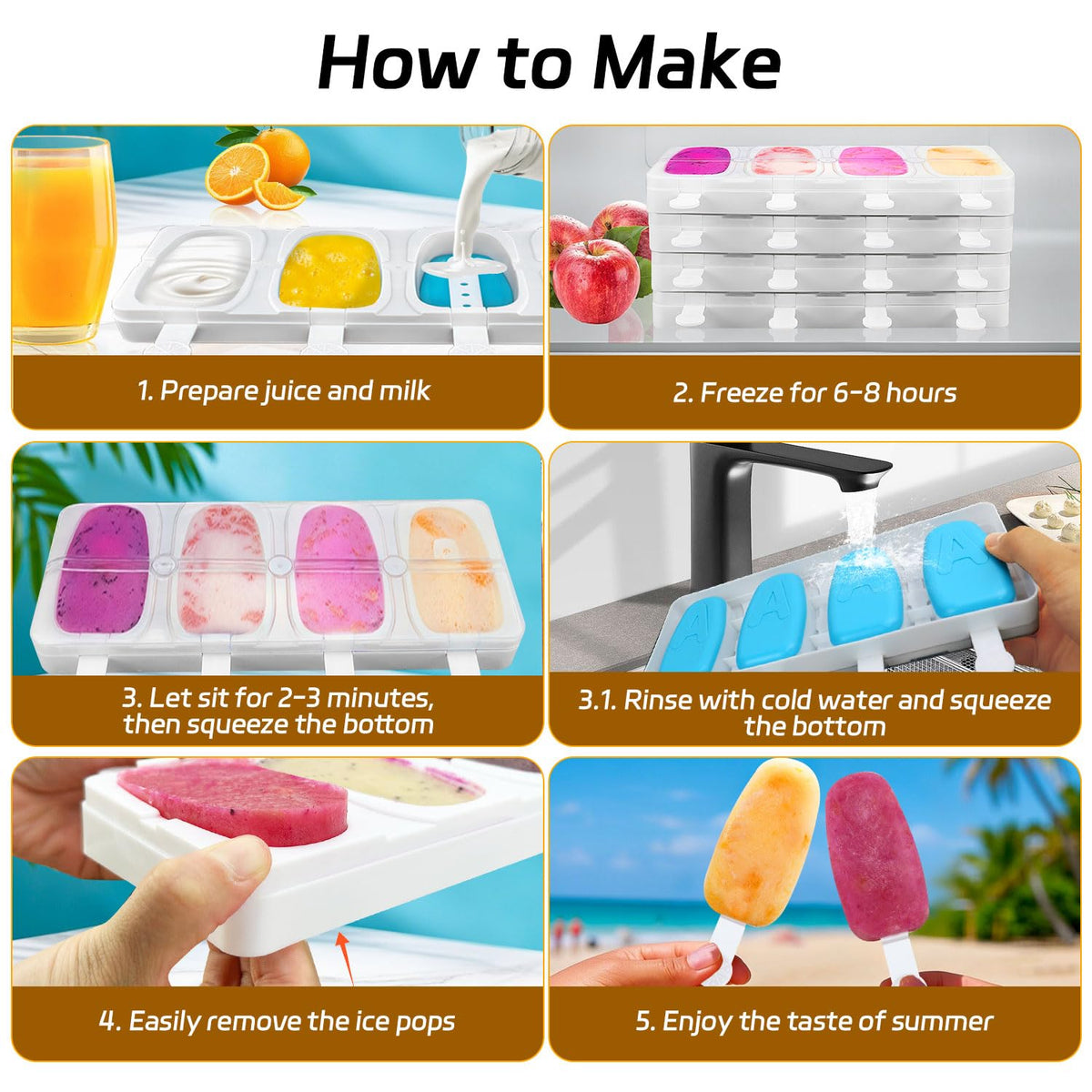 Alinana Stackable Popsicles Molds, 2-Pack BPA-Free Popsicle Molds with Sticks, Ice Pop Mold for Homemade Fruit, Yogurt, and Smoothie Popsicles