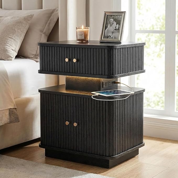 Black Nightstand with Charging Station and LED Light, Fluted Bedside Table with