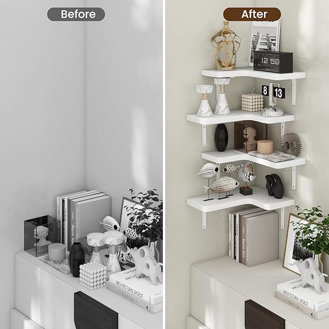 Venusmiles Corner Floating Shelves Set of 4, Wall Mounted L-Shaped Storage