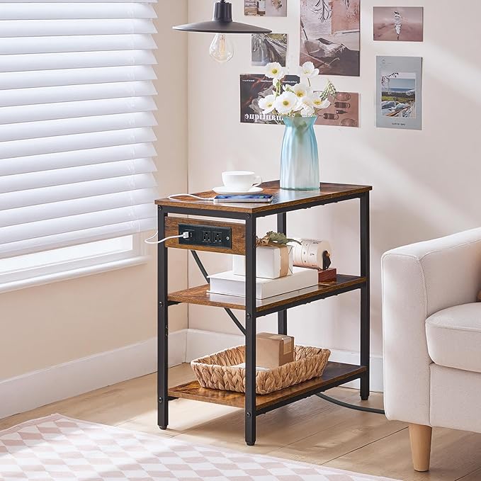 HOOBRO End Table with Charging Station, Simple Rustic Side Table with 3-Tier