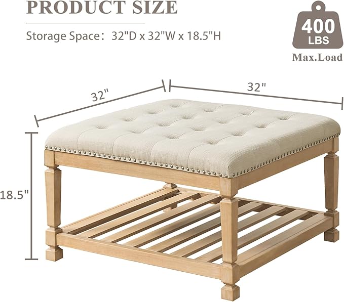 Befurtori Large Square Ottoman Coffee Table, Linen Solid Upholstered Footrest