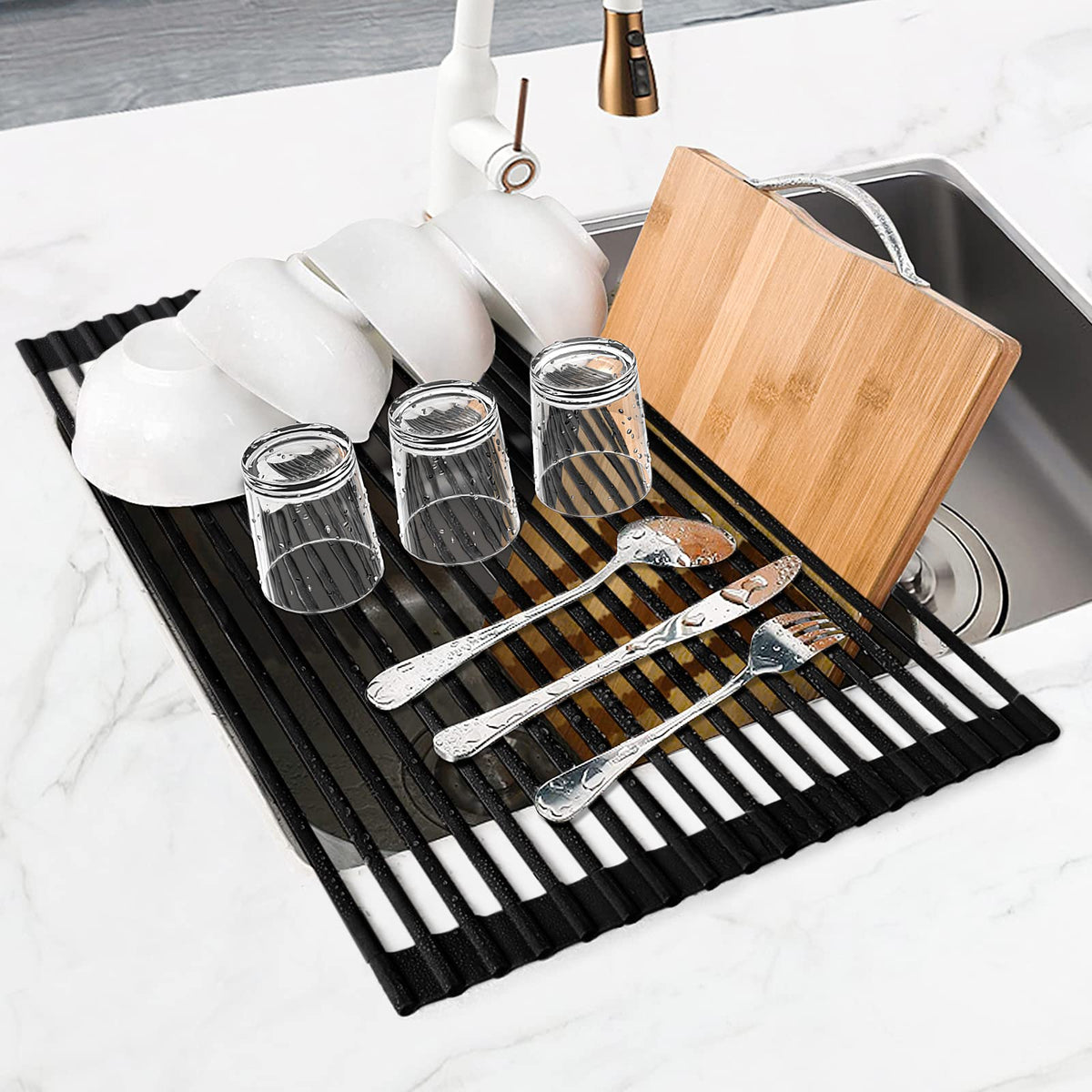 MERRYBOX Roll Up Dish Drying Rack Silicone Wrapped Over The Sink Dish Drying Rack Multipurpose Foldable Sink Drying Mat Anti-Slip & Anti-Rust Dish Rack for Kitchen, 17.5" x 13", Black