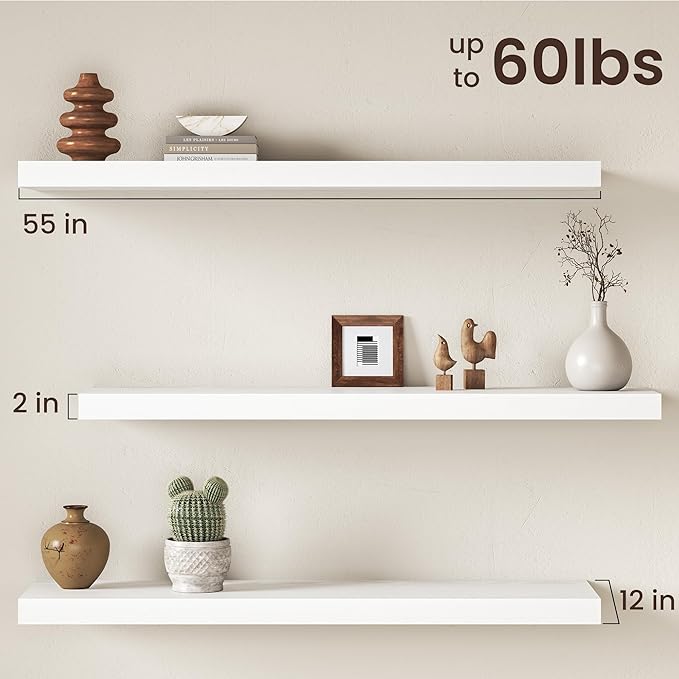 White Floating Shelves 55Inch Long, 12 Inch Deep Floating Shelves