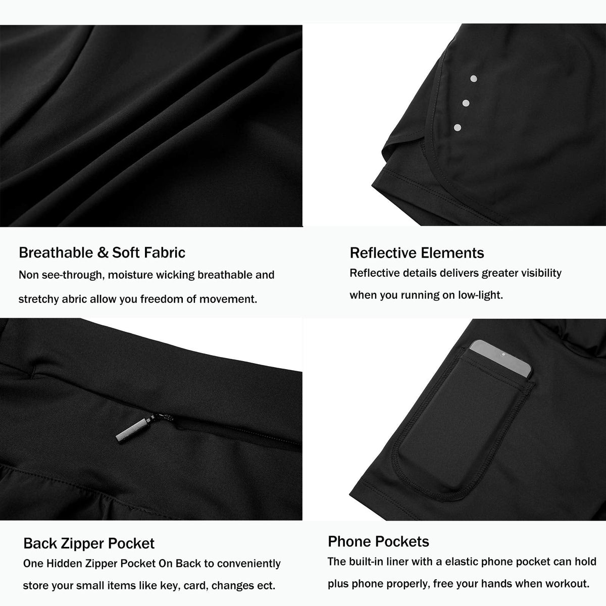 Ksmien Women's 2 in 1 Running Shorts - Lightweight Athletic Workout Gym Yoga Shorts Liner with Phone Pockets Black