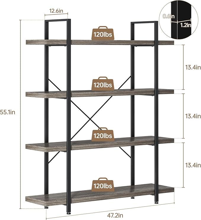 OtterOasis Bookshelf Set of 2, Heavy Duty 4-Tier Industrial Bookcase, 120lbs