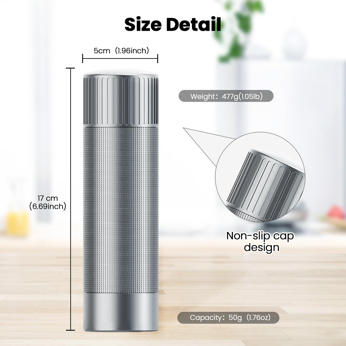 Luvan Salt Grinder, Professional Grade Salt Mill with Unique Burr Grinder, 12 Adjustable Coarseness Settings, Lightning-fast grinding speed, Heavy Duty Aluminum Manual Salt and Pepper Grinder