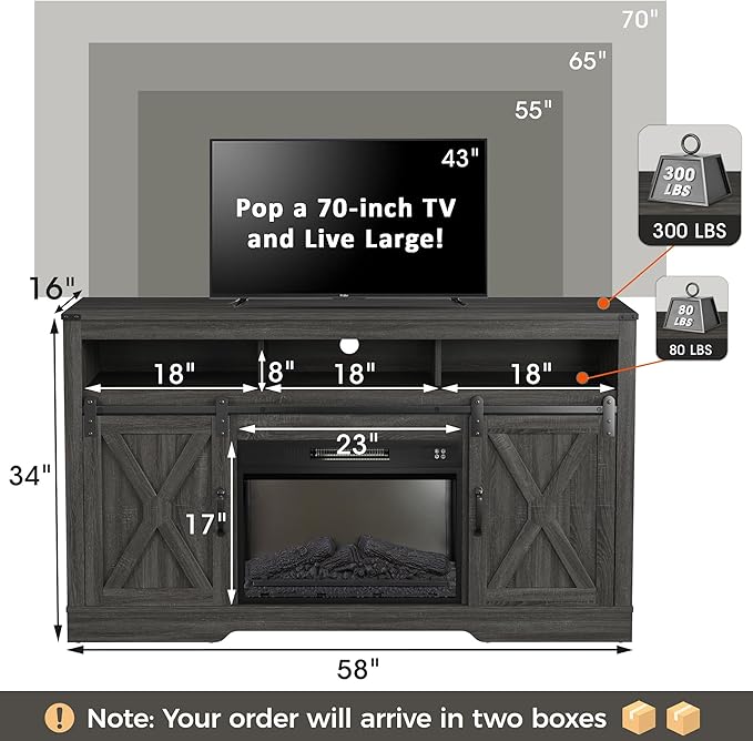 RoyalCraft Fireplace TV Stand for 65+ Inch TV, Rustic Media Console