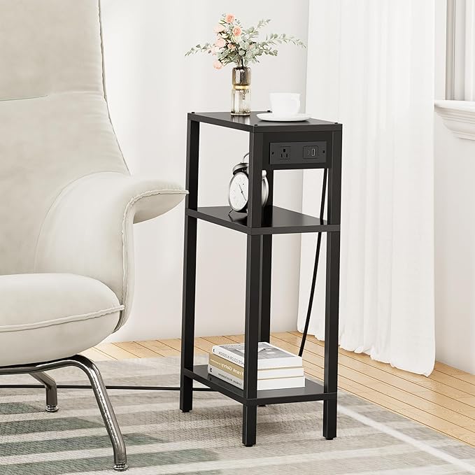 TUTOTAK Narrow Side Table with Charging Station, Small End Table with USB Ports