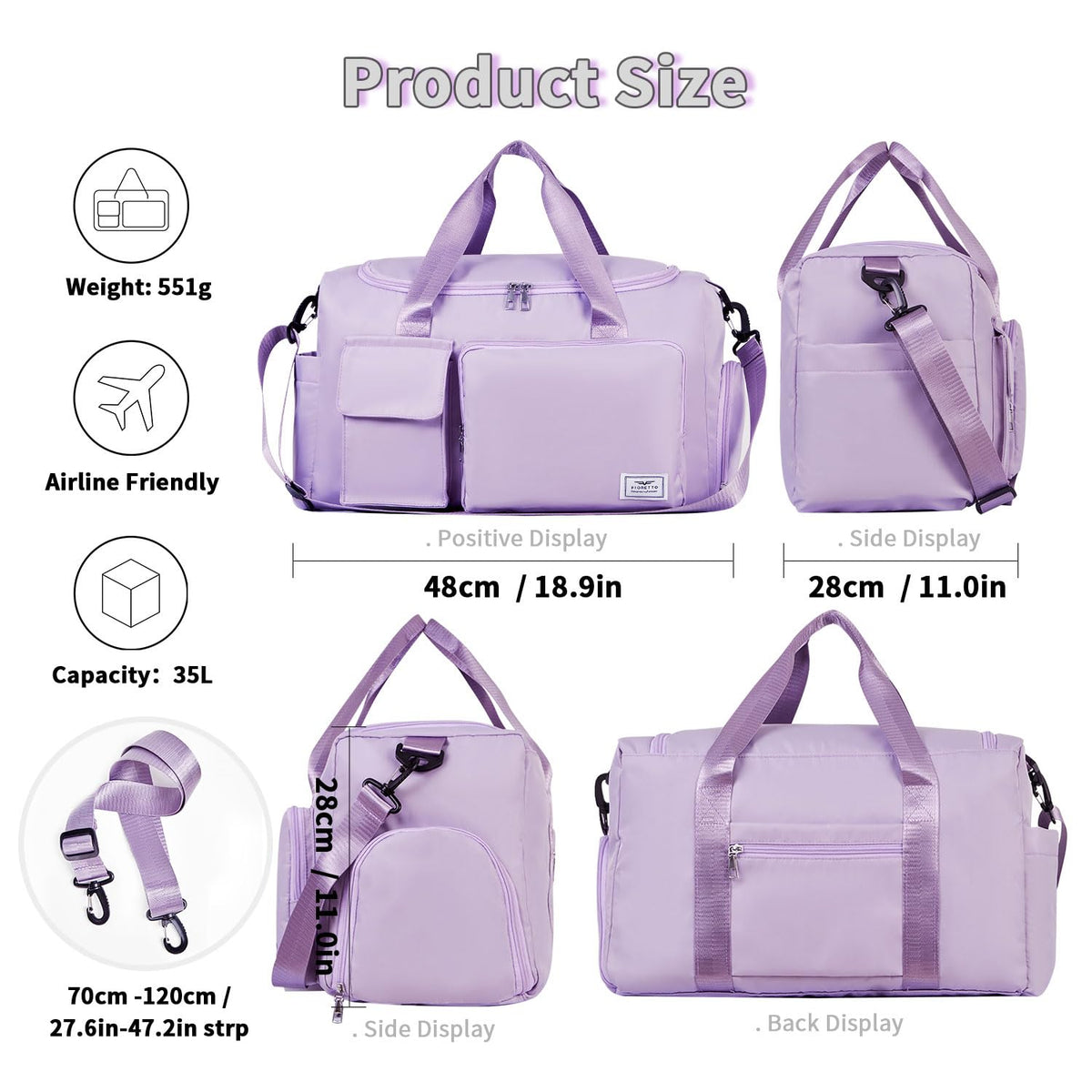 FIORETTO Women's Gym Duffle Bag with Shoes Compartment, 37L Capacity, Ideal for Travel, Gym, Sports, Duffel, Weekender, Lavender