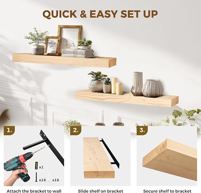 36x8x1.6 inch Floating Shelves Set of 2 – Solid Wood Rustic Wood Wall Mounted