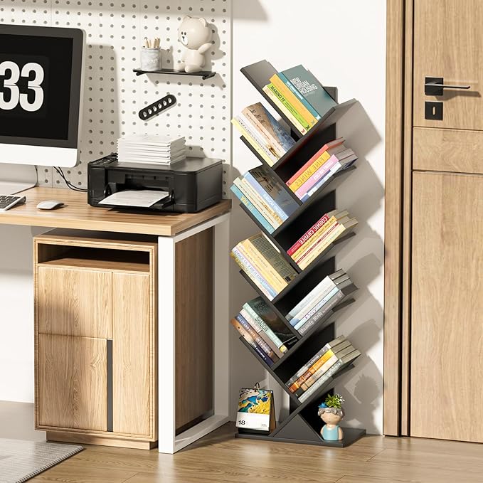 SHEEPAM 10 Tier Tree Book Shelf, Floor Standing Wood Bookshelf