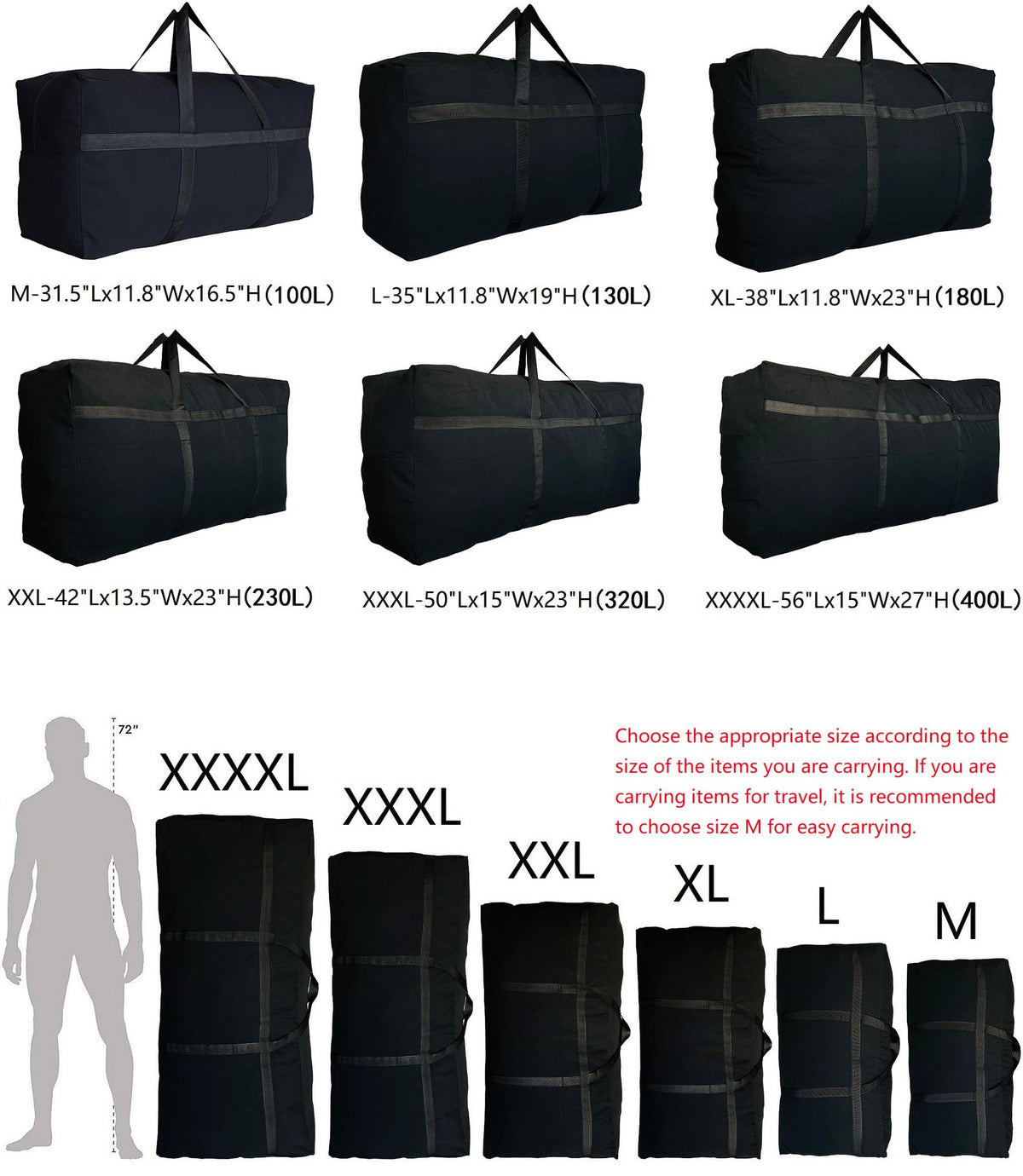 DoYiKe Extra Large Storage Duffle Bag with Zippers and Handles, Black Big Foldable Duffle Bag for Travel-130L