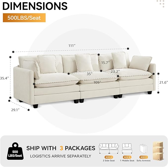 111'' Sectional Cloud Deep Seat Couch, Modern Comfy Chenille Modular Sectional