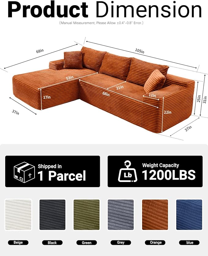 Cloud Sectional Couch, Corduroy Boneless Couches